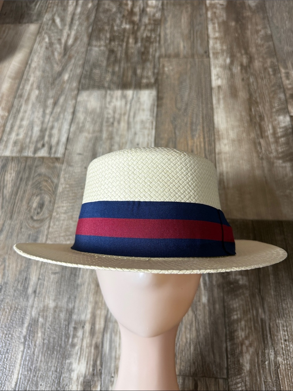 🌟Jacobson Cream 🌟Straw Fedora with Navy and Red Grosgrain Band -Unisex Hat